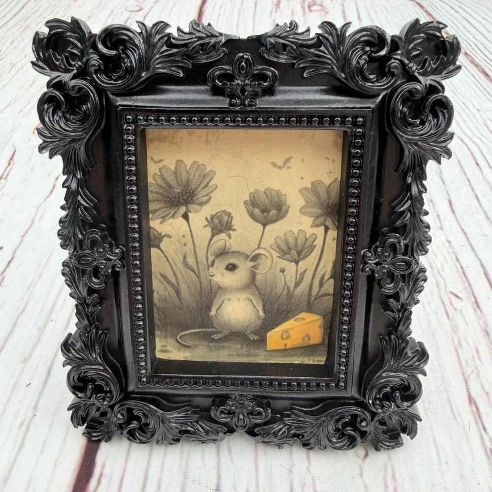 Black Ornate Resin Frame Whimsical Mouse Cheese Art Print Decoupage